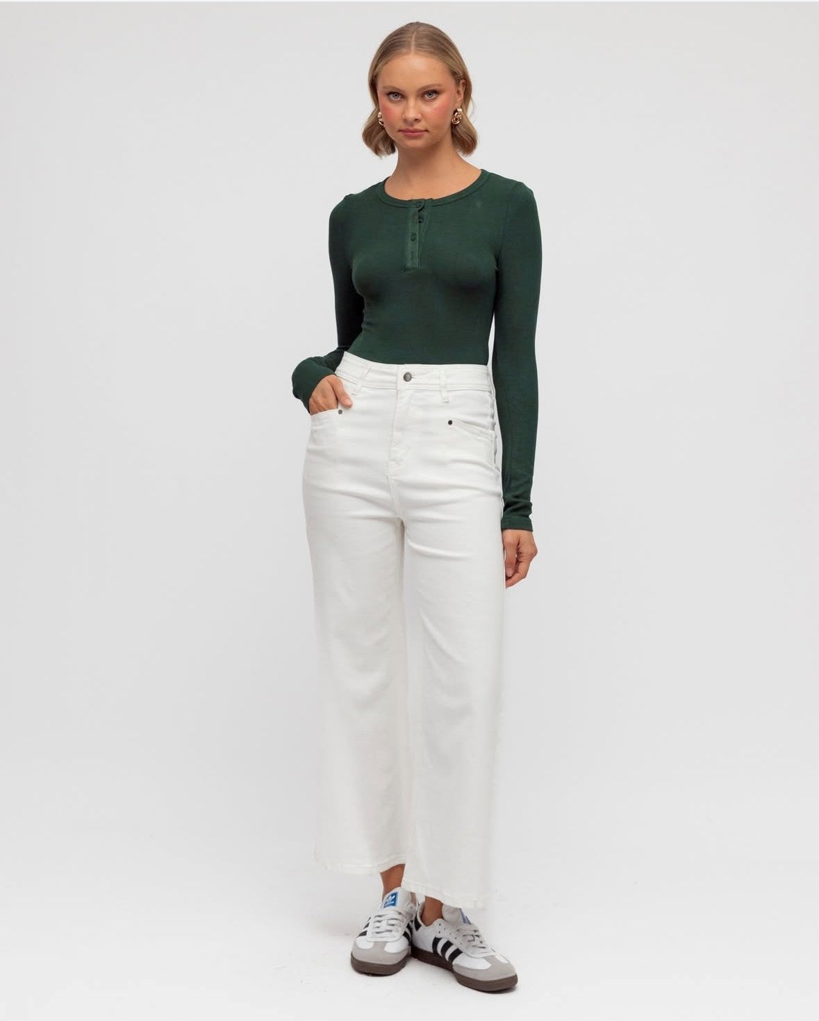 Evergreen Ribbed Henley Top